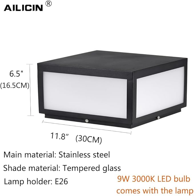 Outdoor Modern Stainless Steel Post Light, LED Fence Deck Cap Light Lantern Column Lamp for Flat Surface Patio Garden Decoration with IP54 Waterproof E26 Bulb (W11.8*H6.5 110V)