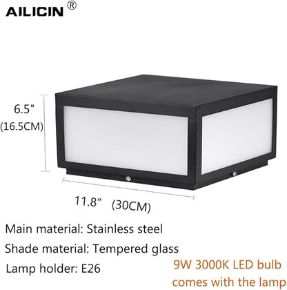 Outdoor Modern Stainless Steel Post Light, LED Fence Deck Cap Light Lantern Column Lamp for Flat Surface Patio Garden Decoration with IP54 Waterproof E26 Bulb (W11.8*H6.5 110V)