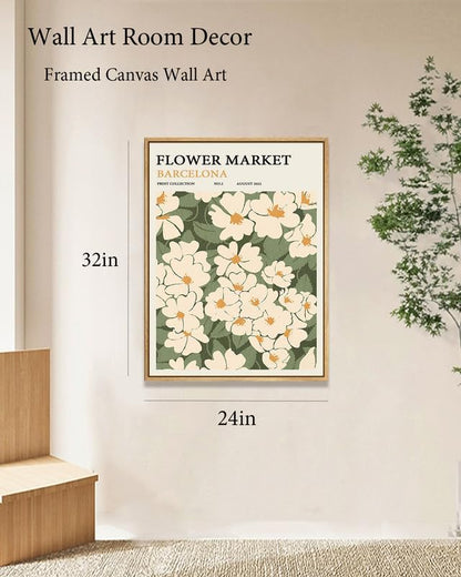 Zzuyi Flower Market Framed Wall Art,Green And White Canvas Wall Art, Modern Farmhouse Bathroom Home Wall Decor- 24"x 32" Natural Framed