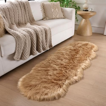 Faux Fur Rug Runner 2x6 ft Brown - Machine Washable Super Soft Plush Shaggy Fluffy Area Carpet,Sheepskin Rug Fuzzy Floor Mat for Bedroom, Sofa,Living Room, Bedside, Nursery & Kids Room