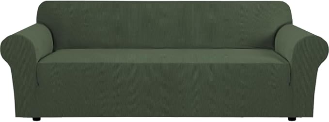 H.VERSAILTEX Stretch Couch Covers for Sofa 1 Piece Slipcovers for Couches 3 Seater Couch Cover Feature Thick Checked Jacquard Fabric with Elastic Bottom(Large Sofa 90"-100" Wide, Bronze Green)