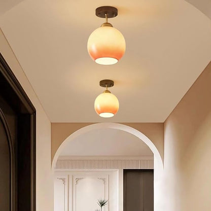 Modern Semi Flush Mount Ceiling Light Minimalist Walnut Wood Base Fixture Gradient Glass Globe Shade Ceiling Lamp for Hallway Entryway Balcony Lighting
