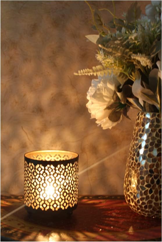 Hosley 4.5" Black Metal Candle Holder Sleeve Gold Interior for Tealights & Votive Candles Decorative Lantern for Home Décor, Weddings, Meditation, & Events
