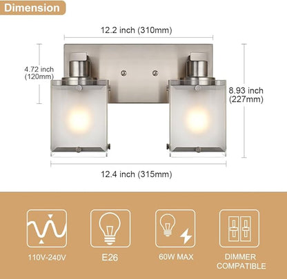2-Lights Wall Sconce Lighting, Brushed Nickel Bathroom Vanity Light Fixture with Rectangular Frosted Glass for Over Mirror, E26 Bulb Base