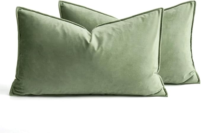 MIULEE Pack of 2 Sage Green Decorative Velvet Throw Pillow Covers Soft Pillowcases Spring Solid Square Cushion Case for Sofa Bedroom Car 12x20 Inch