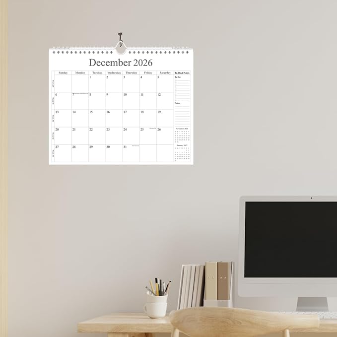 2026 Calendar - Wall Calendar 2026 from January 2026 - June 2027, 18 Months Calendar with Premium Paper, Twin-Wire Binding & Hanging Hook, 12" x 14.5", Black