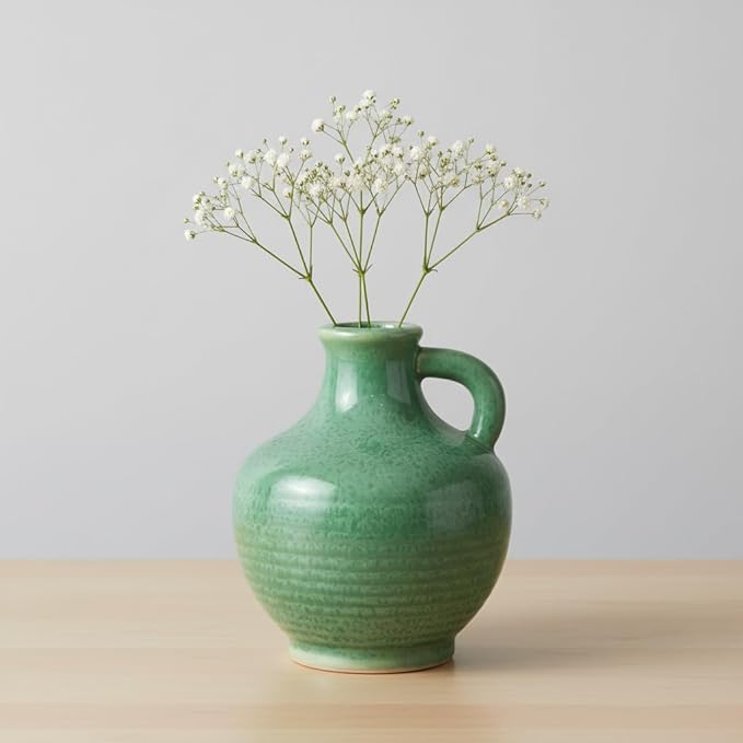Sunddo Green Ceramic Vase for Centerpieces - 6 Inch Modern Decorative Vase with Handle, Small Pitcher Vases for Home Decor, Living Room Kitchen Bedroom Entryway Mantel Shelf Decor