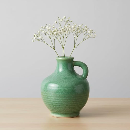 Sunddo Green Ceramic Vase for Centerpieces - 6 Inch Modern Decorative Vase with Handle, Small Pitcher Vases for Home Decor, Living Room Kitchen Bedroom Entryway Mantel Shelf Decor