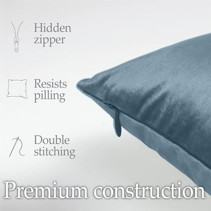 lalaLOOM Velvet Throw Pillow Covers, Set of 2, 18x18 Decorative Square Pillows Home Decor, Soft Accent Cases, Silky Machine Washable Pillowcases for Sofa, Couch, Bedroom, Living Room, Stone Blue