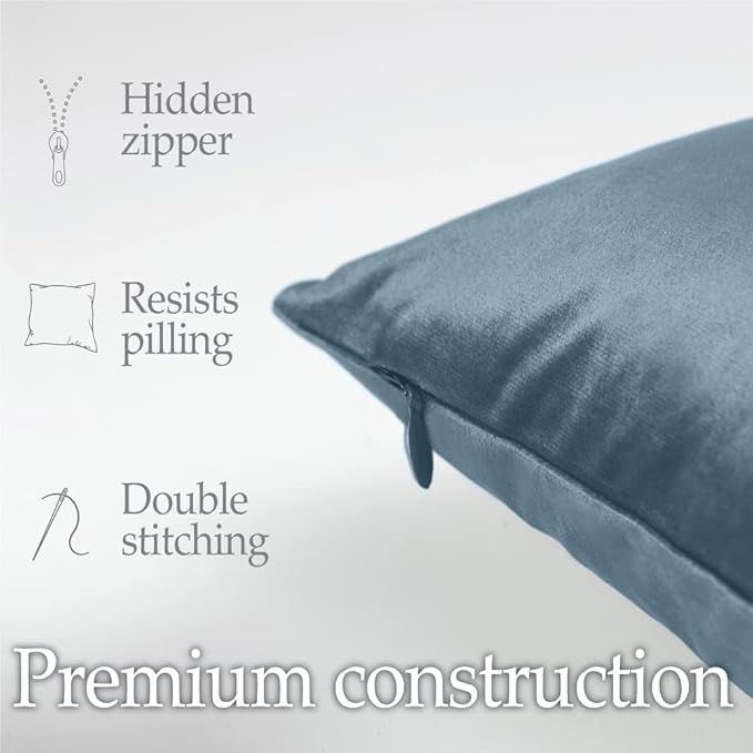 lalaLOOM Velvet Throw Pillow Covers, Set of 2 Decorative Square Pillows Home Decor, Soft Accent Cases, Silky Machine Washable Pillowcases for Sofa, Couch, Bedroom, Living Room, 16x16, Stone Blue
