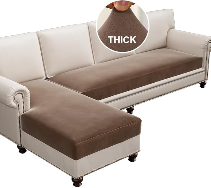 H.VERSAILTEX Fleece L Shaped Couch Cover 2 Piece Stretch Couch Covers for Sectional Sofa Thick Soft Sofa Cover for Dogs Feature Comfortable and Durable Fabric, (3 Seater + 1 Chaise, Camel)