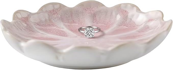 Lotus Ceramic Jewelry Tray, Small Trinket Jewelry Ring Holder Organizing Dish, for Parents Daughter Friends Sister, Birthday Gifts for Women, Retro Blue & Pink