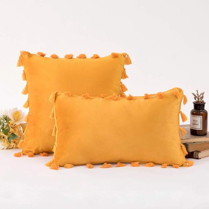 vctops Velvet Soft Solid Decorative Throw Pillow Cover with Tassels Boho Accent Cushion Case for Couch Bedroom Car Gold 18''x18''