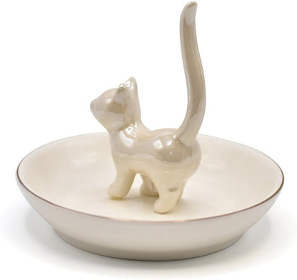 ROSA&ROSE Cat Ring Holder Trinket Tray Ceramic Jewelry Dish Porcelain Ring Organizer Gift for Women, Girlfriend or Valentine's Day (Pearl White)