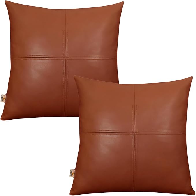 Lambskin Leather Pillow Cover, Hand Panel Stitched Leather Decorative Throw Pillow Covers for Couch Sofa Bed Living Room Garden (16x16 Inches, Brown Pack of 2)