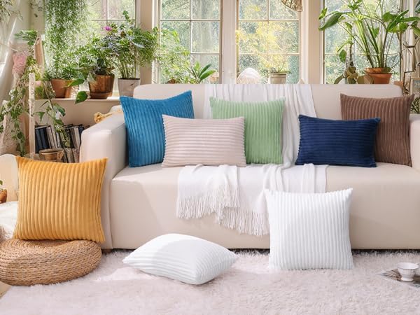 Simmore Decorative Spring Throw Pillow Covers 16x16 Set of 2, Soft Natural Plush Flannel Double-Sided Fluffy Couch Pillow Covers for Sofa Living Room, Beige