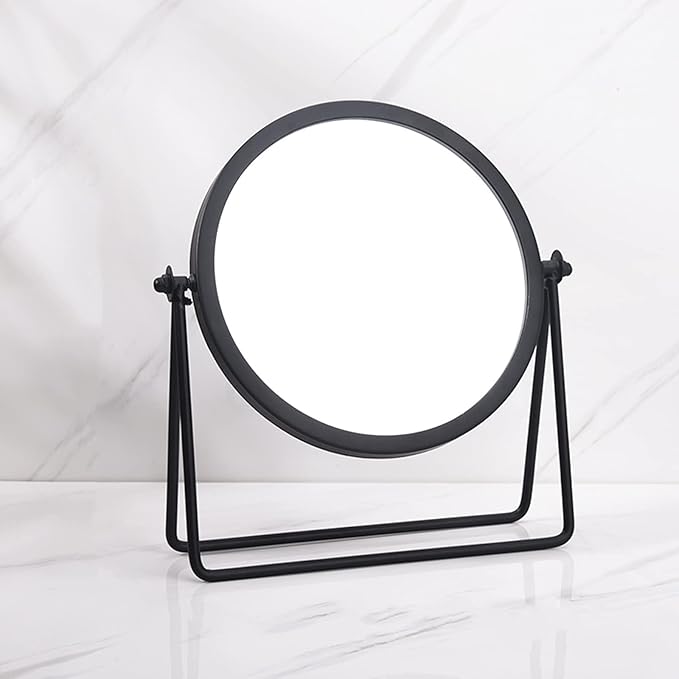 Geschaft Black Tabletop Single Sided Makeup Mirror, 360° Rotation Metal One-Sided Dressing Table Mirror, Round Swivel Desktop Stand Mirror (Black - Round), 7.1(L) x 2(W) x 8.5 (H)