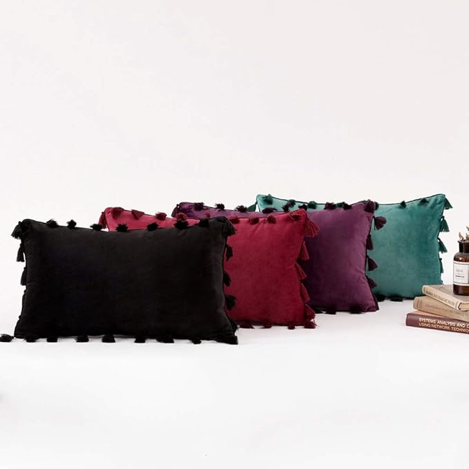 vctops Velvet Soft Solid Decorative Throw Pillow Cover with Tassels Boho Accent Cushion Case for Couch Bedroom Car Dark Purple 12''x20''