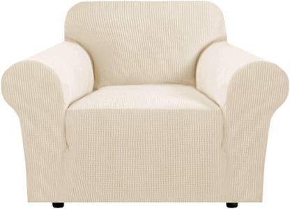 H.VERSAILTEX Stretch Chair Slipcover 1-Piece Armchair Couch Cover Furniture Protector Fit Chair Width 30-40 Inches Jacquard Small Checked with Elastic Bottom for Kids(Armchair, Natural)