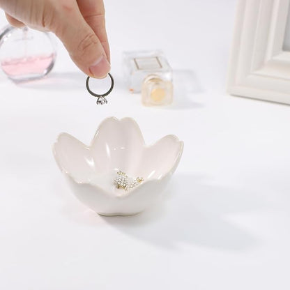 Flower Ring Dish Holder,Jewelry Dish Tray,Small Trinket Tray,Jewelry Plate Bowl,Key Bowl,Decorative Plate,Birtdhay Christmas Gifts for Women Friends,Ceramic Kiln effect White