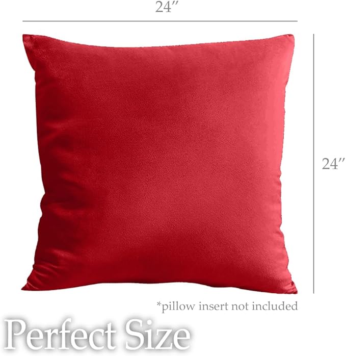 lalaLOOM Velvet Throw Pillow Covers, Set of 2, 24x24 Decorative Square Pillows Home Decor, Soft Accent Cases, Silky Machine Washable Pillowcases for Sofa, Couch, Bedroom, Living Room, Ruby Red