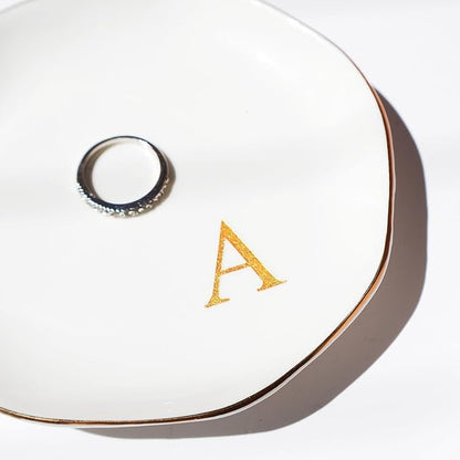 Ceramic Jewelry Tray Initial Ring Dish Personalized R-Monogrammed Engagement Wedding Gifts, for Birthday Mother's Day Christmas for Women, Ceramic White 4.75" (R)