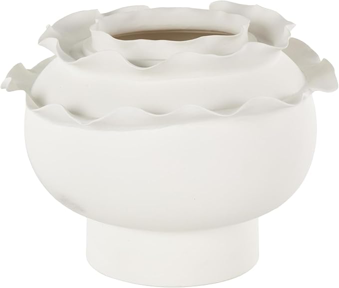 Deco 79 Ceramic Abstract Wide Rounded Floral Inspired Vase with Layered Petals, 12" x 12" x 9", White