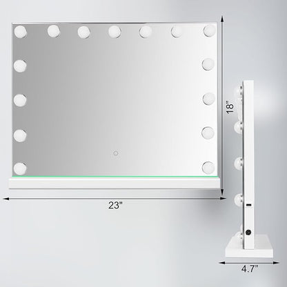 Hollywood Vanity Mirror with Lights, 23"x18" Lighted Makeup Mirror with 10x Magnification for Desk/Wall Mount, 15 Led Bulbs, 3 Lighting Modes for College Dorm, Bedroom, Dressing Room (White)