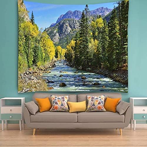 YISURE Nature Mountain Forest Tapestry, Scenic Green Pine Tree Waterfall Landscape Wall Hanging Tapestries for Home Office Dorm Indoor and Outdoor Decoration, 60(W) x40(L) Inch