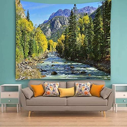 YISURE Nature Mountain Forest Tapestry, Scenic Green Pine Tree Waterfall Landscape Wall Hanging Tapestries for Home Office Dorm Indoor and Outdoor Decoration, 60(W) x40(L) Inch