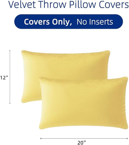 QUORGVES Yellow Velvet Pillow Covers 12x20 Inch Set of 2, Soft Solid Decorative Lumbar Throw Pillow Covers, Decor Cushion Covers for Bed Sofa Couch Bedroom Living Room - Spring Summer Light Lemon