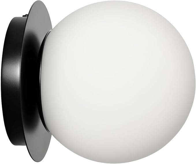 Modern Glass Globe Wall Sconce: Black Single Light with Milk Glass Shade - Minimalist Spherical Vanity Sconces Over Mirror - Contemporary Ball Wall Lights Fixtures for Entryway Bedside Bulb Excluded
