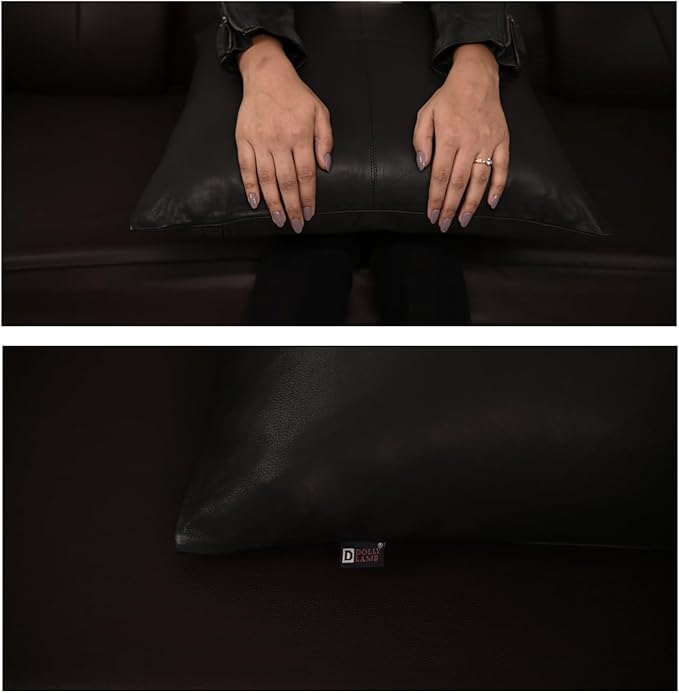 D DOLLY LAMB Lambskin Leather Pillow Cover - Sofa Cushion Case - Decorative Throw Covers for Living Room & Bedroom, 14x14 Inches - Black (02) Pack of 2