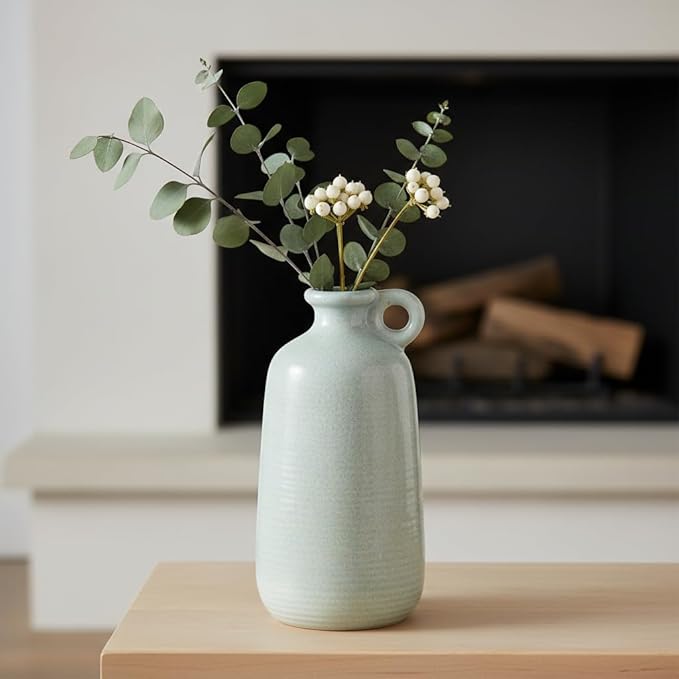 Sunddo Blue Ceramic Vase, 10 Inch Tall Modern Flower Vase with Handle, Art Decorative Vases for Pampas Grass, Entryway Living Room Dining Table Farmhouse Office Decor