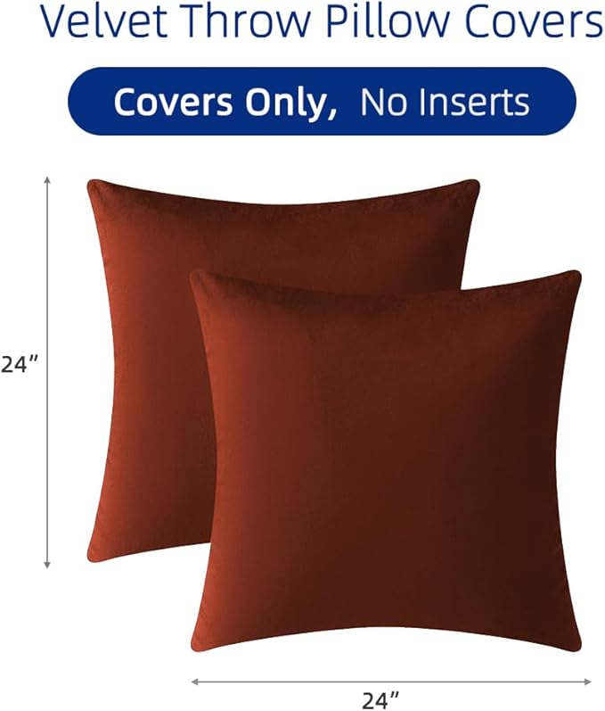QUORGVES Rust Velvet Pillow Covers 24x24 Inch Set of 2, Soft Solid Decorative Square Throw Pillow Covers, Decor Cushion Covers for Bed Sofa Couch Bedroom Living Room