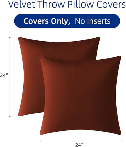QUORGVES Rust Velvet Pillow Covers 24x24 Inch Set of 2, Soft Solid Decorative Square Throw Pillow Covers, Decor Cushion Covers for Bed Sofa Couch Bedroom Living Room