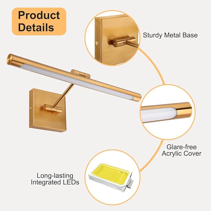 16.54inch LED Picture Lights for Paintings, Brass Golden-Like Finish, Adjustable Art Light Gallery LED Wall Light Wall Sconces for Art Work, Hardwired Connection, Dimmable 3000K CRI90+