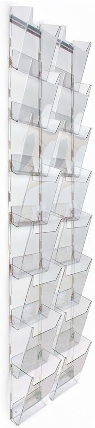 Displays2go Wall Magazine Rack with 16 Tiered Pockets, 2 Columns of 8, Full View - Clear acrylic