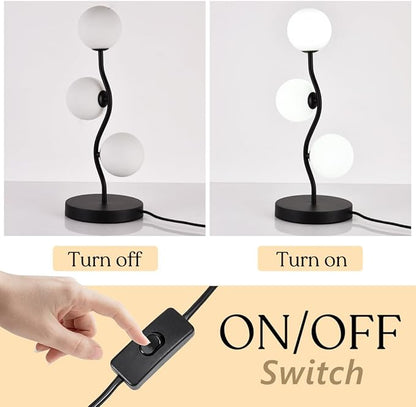 3-Light Curve Black Globe Table Lamp Mid Century Flower Beside Desk Table Light with Milk White Glass Shade Metal Base Nightstand Lamp for Bedroom Bedside