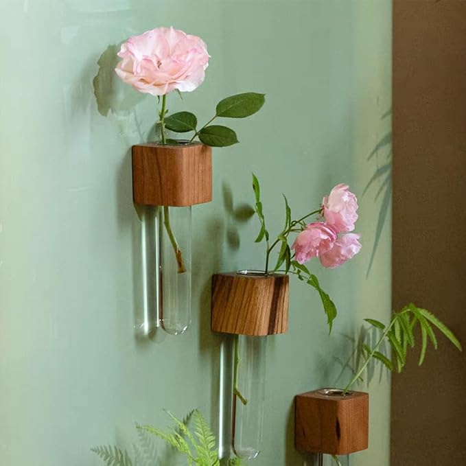 Test Tube Vases Fridge Magnets,Magnetic Wooden Wall Planter Vases Fridge Decor,Cute Test Mini Flower Vase for Hydroponics Plants Flower Display Home Decoration,2 Pieces