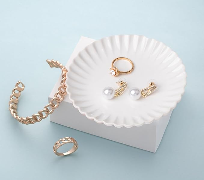 Ceramic Jewelry Dish, Decorative Tray for Rings Earrings Necklaces Bracelet Watch Keys, 4.50" Trinket Tray as Gifts for Women (White Wave)
