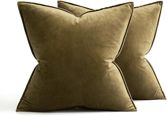 MIULEE Pack of 2 Olive Green Christmas Decorative Velvet Throw Pillow Covers Soft Pillowcases Solid Square Cushion Case for Winter Sofa Bedroom Car 16x16 Inch