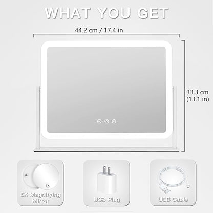 HIEEY Vanity Mirror with Lights, Lighted Makeup Mirror, Three Color Lighting Modes, and 5X Magnification Mirror, Smart Touch Control, 360°Rotation (17.4" x 13.5" White,Gift Box)