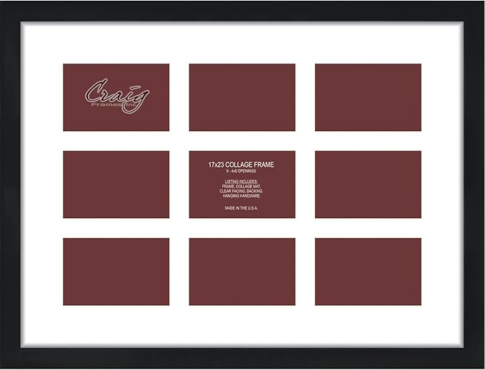 Craig Frames Contemporary, 17x23 Black Picture Frame with White Collage Mat, 9 Openings for 4x6 Prints