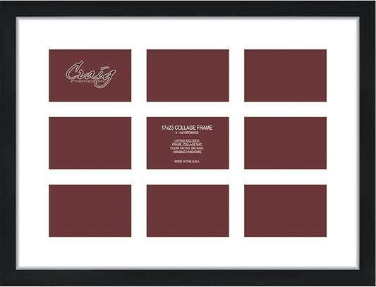 Craig Frames Contemporary, 17x23 Black Picture Frame with White Collage Mat, 9 Openings for 4x6 Prints