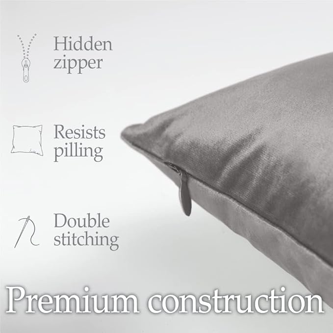 lalaLOOM Velvet Throw Pillow Covers, Set of 2 Decorative Square Pillows Home Decor, Soft Accent Cases, Silky Machine Washable Pillowcases for Sofa, Couch, Bedroom, Living Room, 16x16, Dark Gray