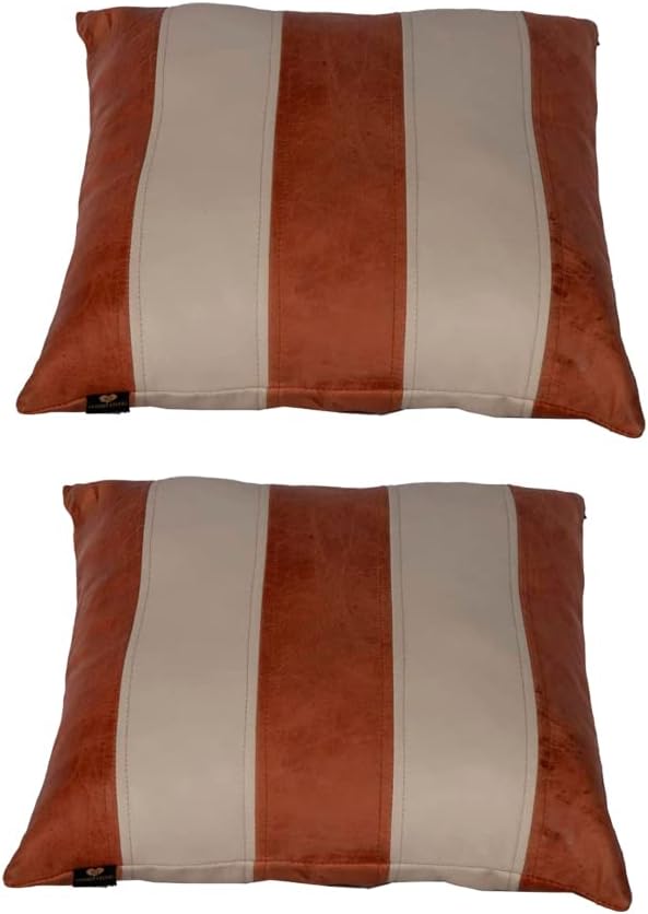 D DOLLY LAMB Lambskin Leather Pillow Cover - Sofa Cushion Case - Decorative Throw Covers for Living Room & Bedroom, 14x14 Inches - Tan and Beige Pack of 2