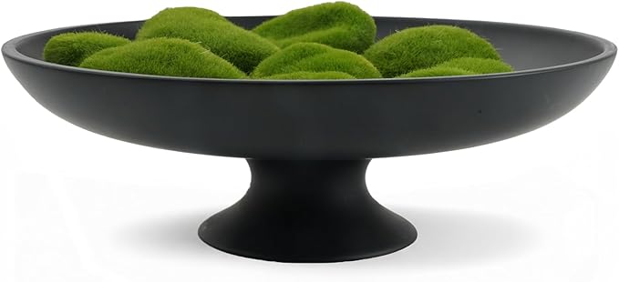 Large Black Decorative Bowl, Modern Pedestal Bowl for Home Decor, Decorative Fruit Bowl for Kitchen Counter, Stylish Key Bowls for Entry Table, 11.45”, Includes 10PCS Artificial Moss Rocks