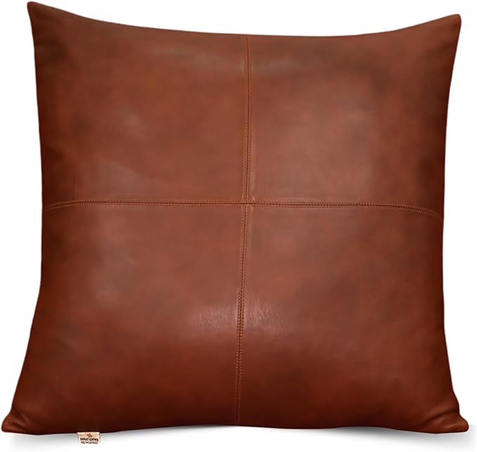 Lambskin Leather Pillow Cover - Sofa Cushion Case - Decorative Throw Covers for Living Room & Bedroom, 14x14 Inches - Mango Tan Antique Pack of 2