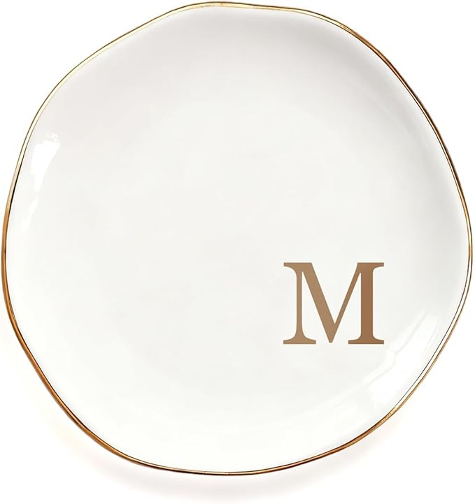 Fmeida Ceramic Jewelry Tray, Initial Room DecorTrinket Dish for Rings Earrings Necklaces Bracelet, Birthday Valentines Mothers Day Christmas Wedding Gift for Women, 4.5", Rose Gold M